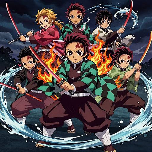 Digital anime-style illustration of six male characters wielding katanas, surrounded by swirling water and fire, in dynamic fighting stances.