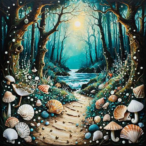 Enchanted Forest Glade with Sea Shells and Pearls