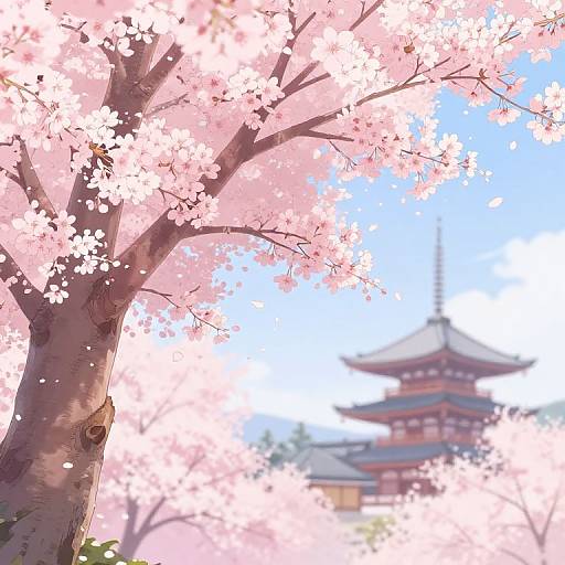 Digital anime-style illustration of a cherry blossom tree in full bloom, with a traditional Japanese pagoda in the blurred background. Pink petals float gently in the