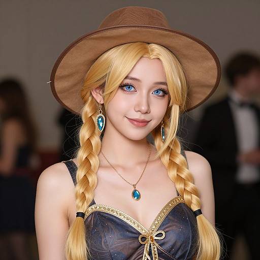 Photograph of a blonde woman with blue eyes, wearing a brown hat, blue earrings, and a black dress with gold trim, at an event.