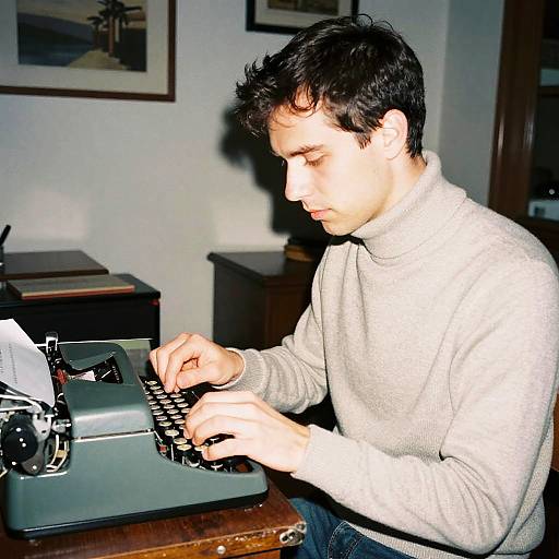 Photograph of a young man with short dark hair, wearing a light gray turtleneck, typing on a vintage green typewriter in a dimly