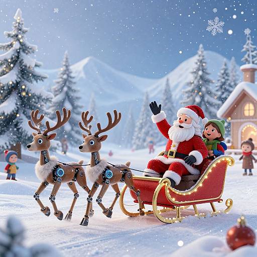Digital illustration of Santa Claus in a red sleigh, pulled by two cyber reindeer, with a child in green hat, snowy forest, and lit