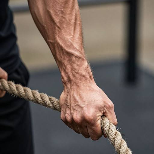 Close-up photograph of a muscular, wrinkled male hand gripping a thick, rough rope, with a blurred black and grey background.
