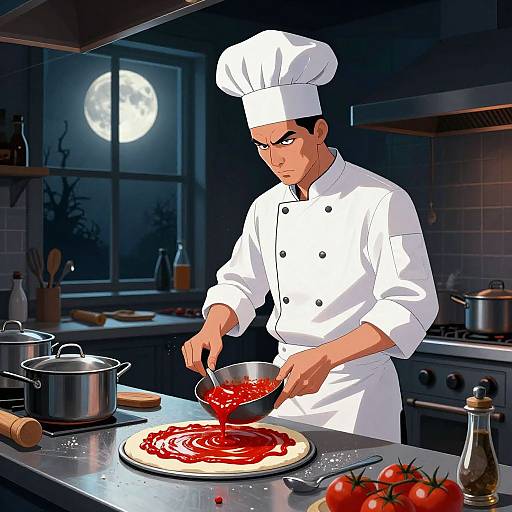 Digital illustration of a focused male chef in white uniform, spreading red tomato sauce on a pizza in a moonlit kitchen.
