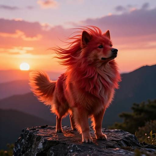 Photograph of a majestic, red-furred dog with a flowing mane standing on a rocky ledge at sunset, with vibrant orange and pink sky in the