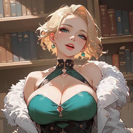 Digital anime-style portrait of a blonde woman with blue eyes, large breasts, green halter top, white fur jacket, and teal earrings, standing in