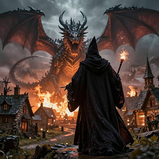 Dark Wizard Threatens Village with Dragon