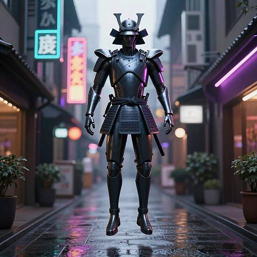 Neon Samurai Statue in Modern Street
