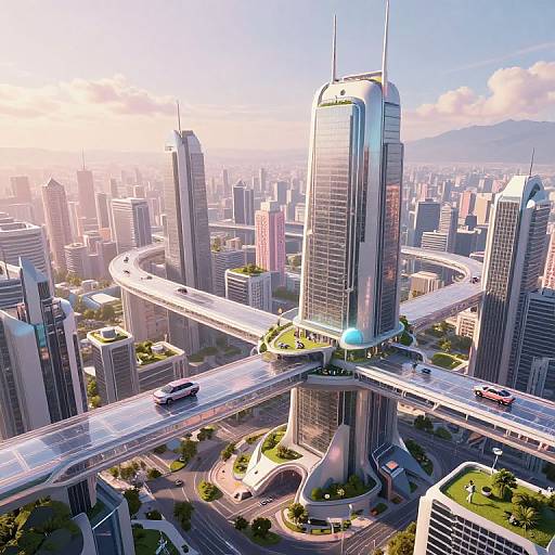 CGI image of a futuristic cityscape with tall, sleek skyscrapers, elevated highways, and busy traffic, set against a bright, sunny sky