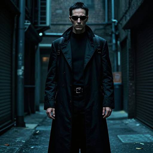 Photograph of a serious-looking man with short black hair, wearing dark sunglasses and a long black trench coat, standing in a dimly lit, narrow