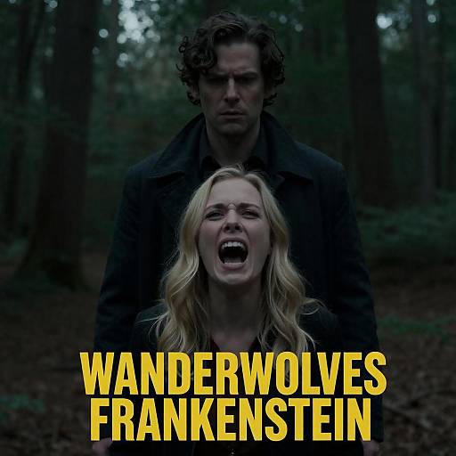 Two people in dark forest with intense expression