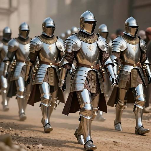Photograph of a group of medieval armored knights in shiny silver armor with black chainmail skirts, marching in formation on a dusty, sunlit path.