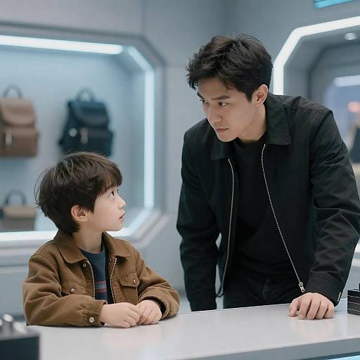 Futuristic Store Scene with Man and Boy