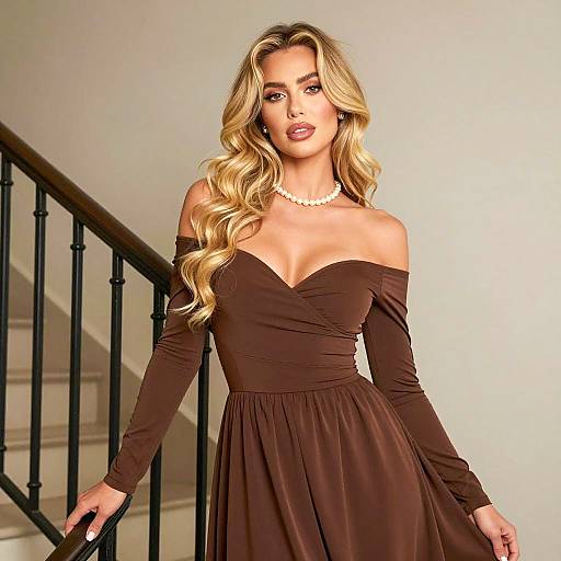 Blonde Woman in Brown Off-Shoulder Dress