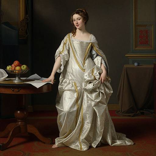 Photograph of a fair-skinned woman in a shimmering, gold-embroidered, 18th-century-style white gown, standing by a