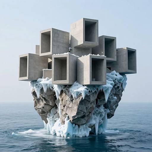 Photorealistic CGI of a floating rock formation topped with numerous empty concrete boxes, surrounded by icicles, against a clear blue sky and calm ocean.