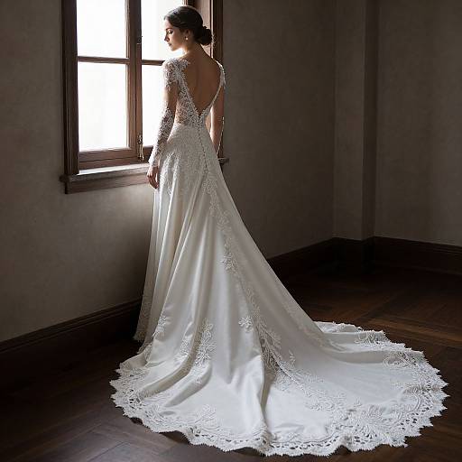 Photograph of a bride in a white lace wedding gown with a long train, standing by a window in a dimly lit room.