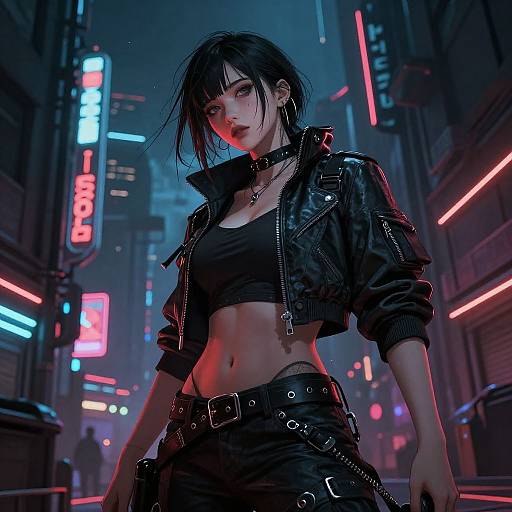 Digital art of a fierce, dark-haired woman in a black leather jacket and crop top, standing in a neon-lit, cyberpunk city street at
