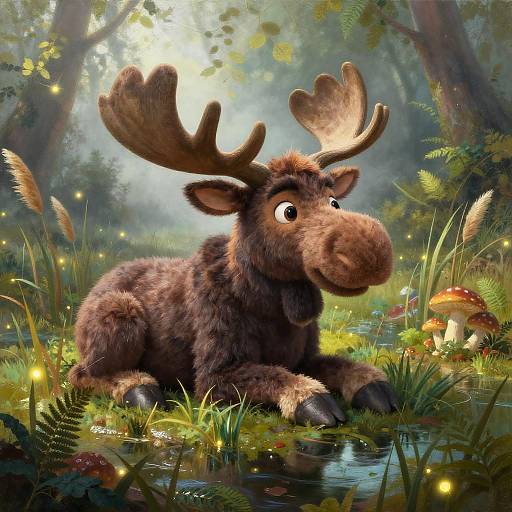 Digital art of a cute, cartoon moose with large antlers, lying in a lush, enchanted forest, surrounded by glowing fireflies, mushrooms,