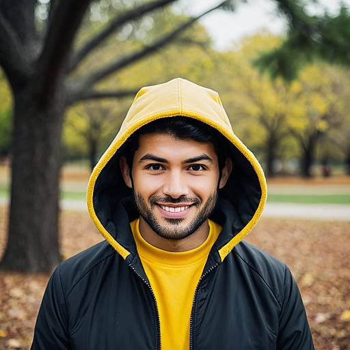 Smiling Man in Yellow Hooded Jacket Outdoors