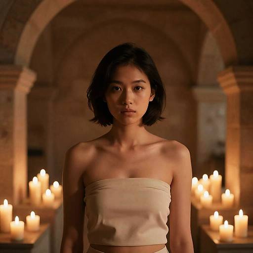 Mysterious Woman in Candlelit Stone Room