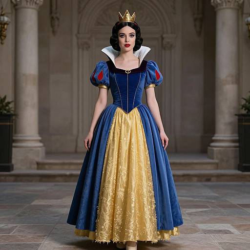 Photograph of a fair-skinned woman with black hair, wearing a blue and gold princess dress, white collar, golden crown, standing in a grand