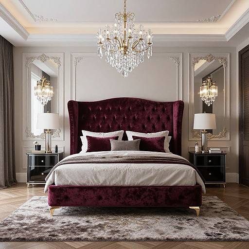 Elegant bedroom photograph: Dark purple velvet tufted headboard, crystal chandelier, white bedding, black nightstands, silver lamps, mirrors,