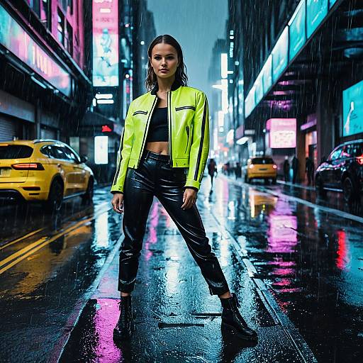 Woman in Neon Jacket on Rainy City Street