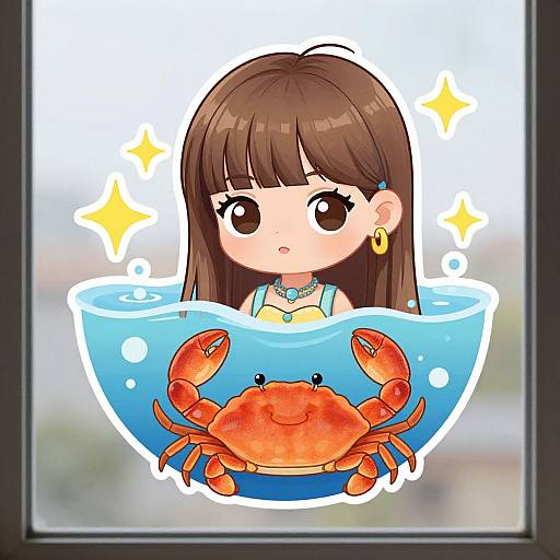 Chibi-style anime drawing of a brown-haired girl with gold earrings, wearing a blue top, with a red crab in blue water on a window.