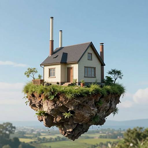 Fantastical digital artwork: A quaint house with chimneys and a dark roof floats above a rocky, grass-covered island, set against a clear blue
