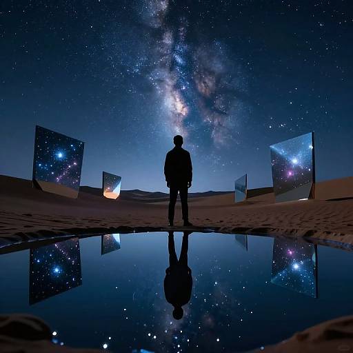 Silhouetted figure stands in desert, gazing at Milky Way galaxy reflected in puddle, surrounded by star-filled glass panels. Digital art.