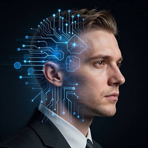 Photograph of a Caucasian man in a black suit with a blue circuitry overlay on his left side, against a black background.