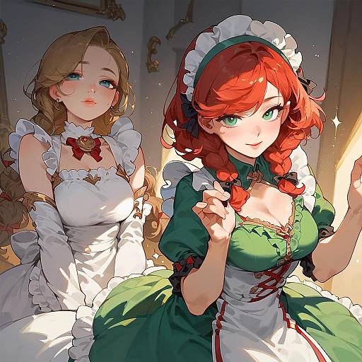 Girl with Twin Braids in Green Dress