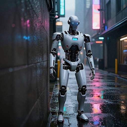 Photorealistic CGI of a white humanoid robot with blue glowing chest panel, standing in a neon-lit, rain-soaked urban alley.