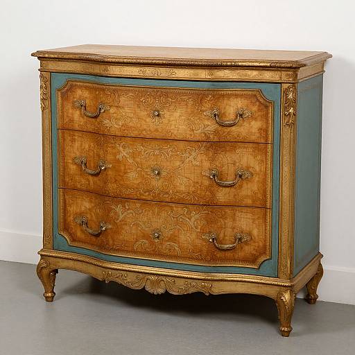 Vintage wooden dresser with ornate gold detailing, blue paneling, three drawers, curved handles, and clawfoot legs, photographed in a studio.