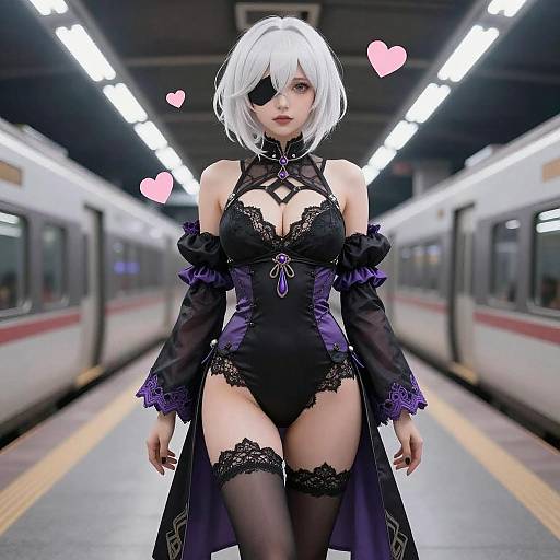 Anime Style Female Character in Black Lace Bodysuit at Train Station