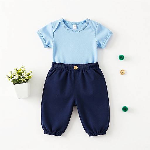 Photograph of light blue baby shirt and navy blue puffed pants, with small plant, green pom-poms, and wooden buttons on white background.
