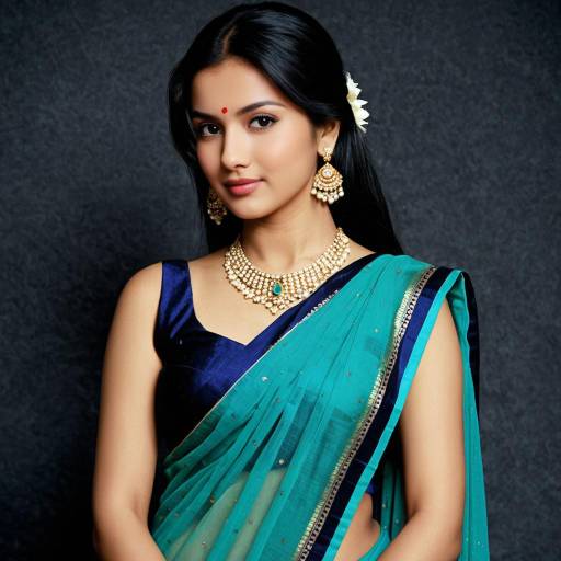 Young Woman in Blue and Green Saree with Jewelry