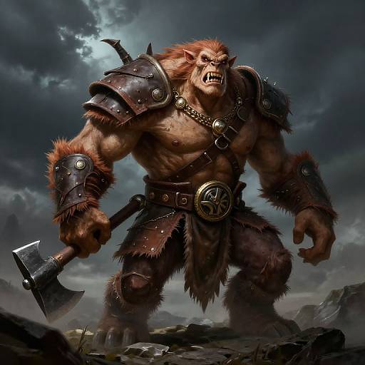 Digital fantasy artwork of a muscular, fur-covered orc warrior with a fierce expression, wearing leather armor, holding an axe, under a stormy sky.