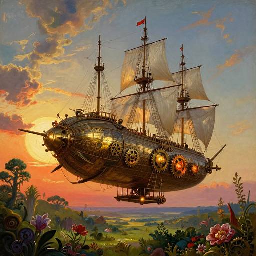 Steampunk airship with brass gears and sails floats above vibrant, sunset-lit landscape, surrounded by colorful flowers and rolling hills. Digital painting.