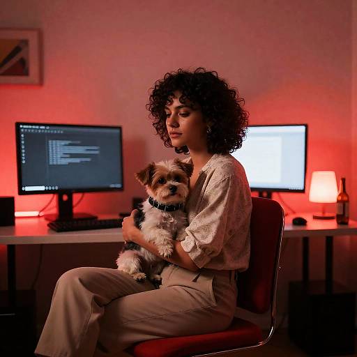 Woman Holding Dog in Red-Lit Office