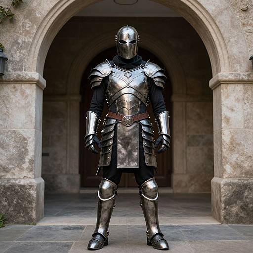 Photograph of a medieval knight in full shiny silver armor, standing under a stone archway, with a dark, textured background.