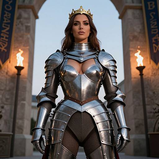 Confident Woman in Shiny Medieval Armor