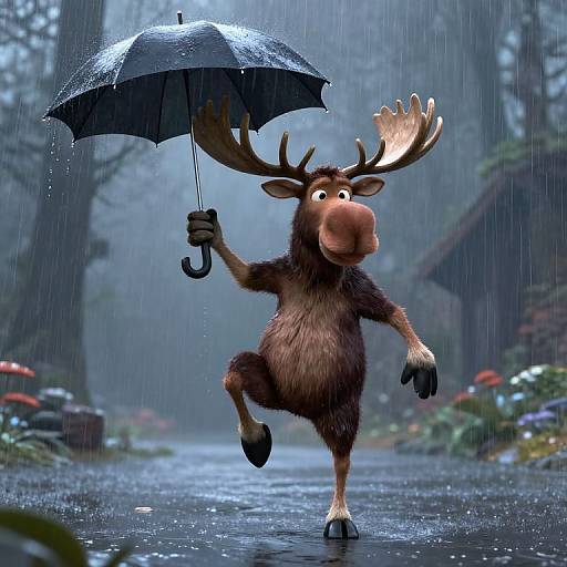 Dancing Moose with Umbrella in Rain