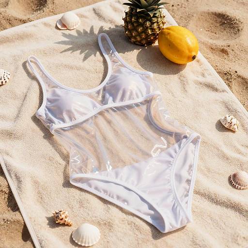 Photograph of a white one-piece swimsuit, pineapple, and lemon on a beige towel on sunny sandy beach with seashells.