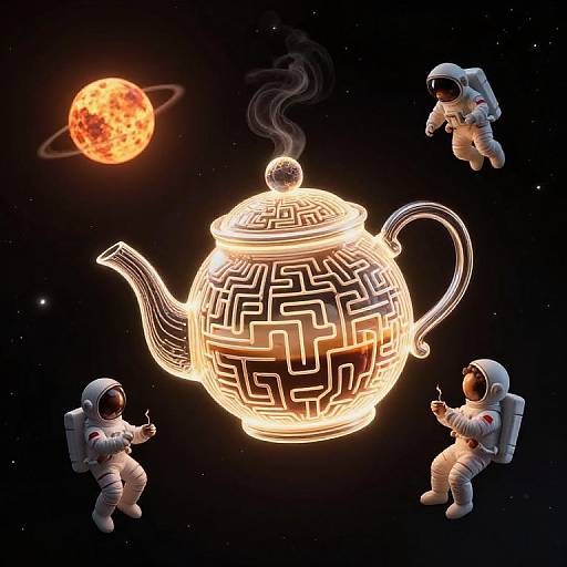 Digital artwork: Three astronauts in space, floating around a glowing, Maze-patterned teapot with steam, near a fiery, ringed planet.