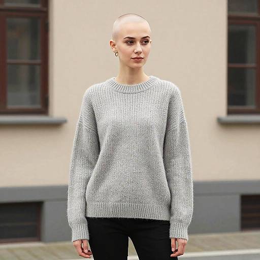 Bald Young Woman in Grey Sweater