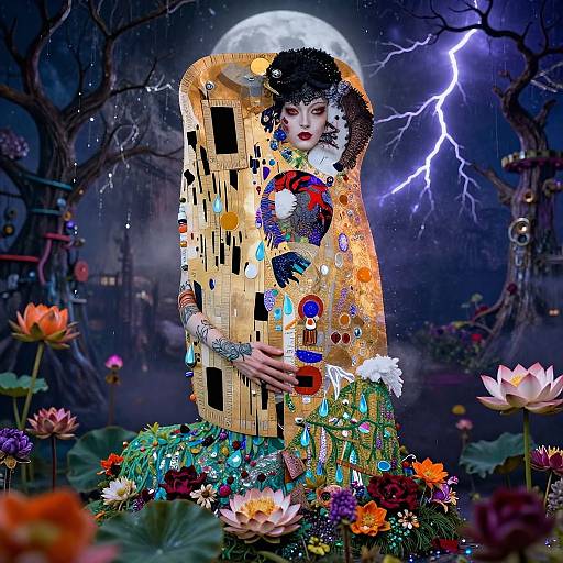 Digital art of a woman with pale skin, dark hair, and red lips, wearing a mosaic-patterned dress, surrounded by colorful flowers, lightning,