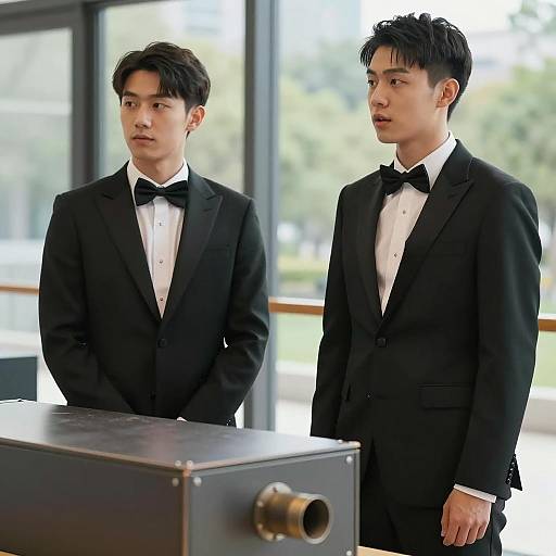 Two Men in Black Tuxedos Indoors