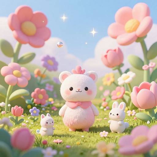 Cute digital illustration of a fluffy pink bear with a bow, standing in a vibrant, sunny meadow filled with large, colorful flowers and two small